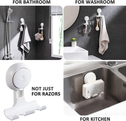 Razor Holder for Shower 2 Pack, Powerful Vacuum Suction Cup Hook for Towel, Loofah, Razor, Squeegee, Damage-Free Wall Shower Hook, Shaver Holder for Bathroom, Easy to Install and Reuse, Black