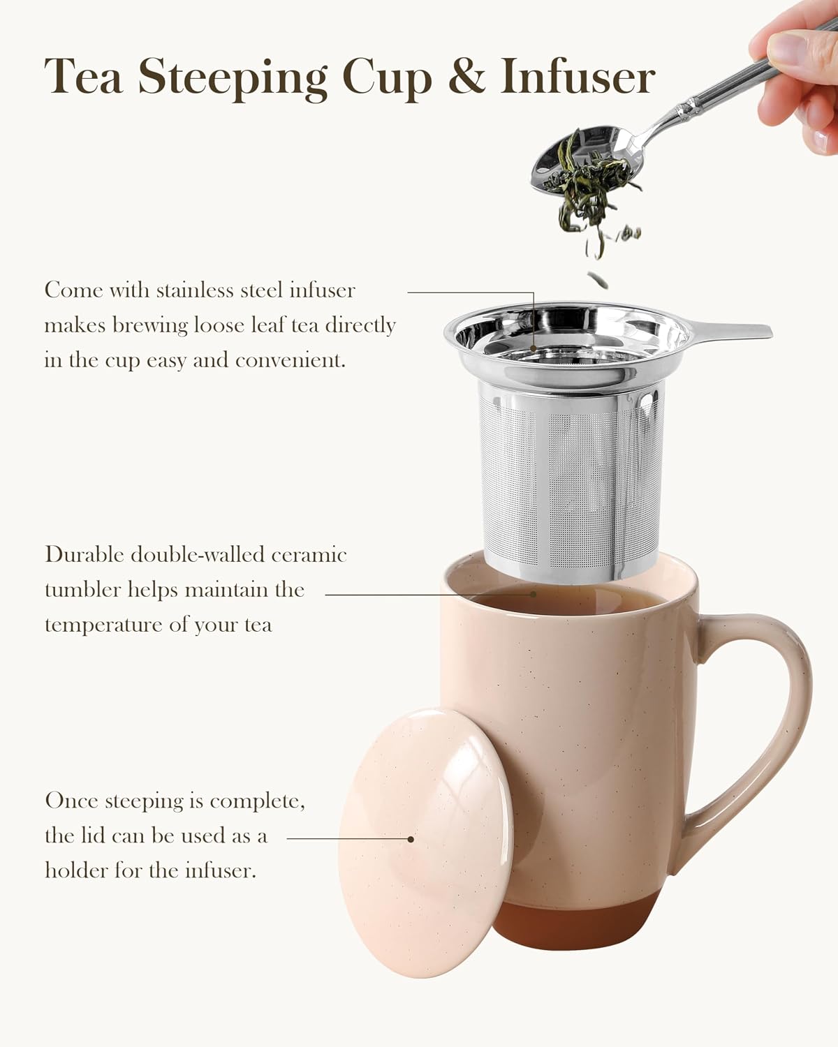 MALACASA Ceramic Tea Mug with Lid and Stainless Steel Infuser, 18 oz Large Tea Cup for Loose Leaf Tea, Heat-Resistant, Microwave & Dishwasher Safe, Speckled Glaze Coffee & Tea Brewer Mug, Khaki Brown