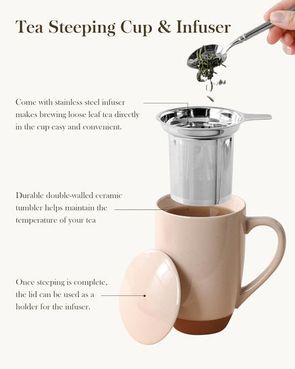 MALACASA Ceramic Tea Mug with Lid and Stainless Steel Infuser, 18 oz Large Tea Cup for Loose Leaf Tea, Heat-Resistant, Microwave & Dishwasher Safe, Speckled Glaze Coffee & Tea Brewer Mug, Khaki Brown