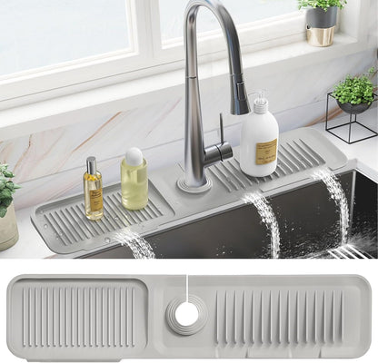 PoYang 23.6 Inch Silicone Sink Splash Guard, Kitchen Sink Mat, Light Grey | Faucet Mat with Wide Drainage & Cuttable Hole, Keeps Faucet Base Dry, Long & Short Sink Protectors for Kitchen, Bathroom & RV