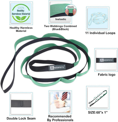 A AZURELIFE Half-Elastic Stretch Straps with 11 Loops, Stretching Strap for Physical Therapy, Multi-Loop Yoga Strap Fitness Exercise Strap for Yoga, Pilates, Dance, Flexibility&Exercise