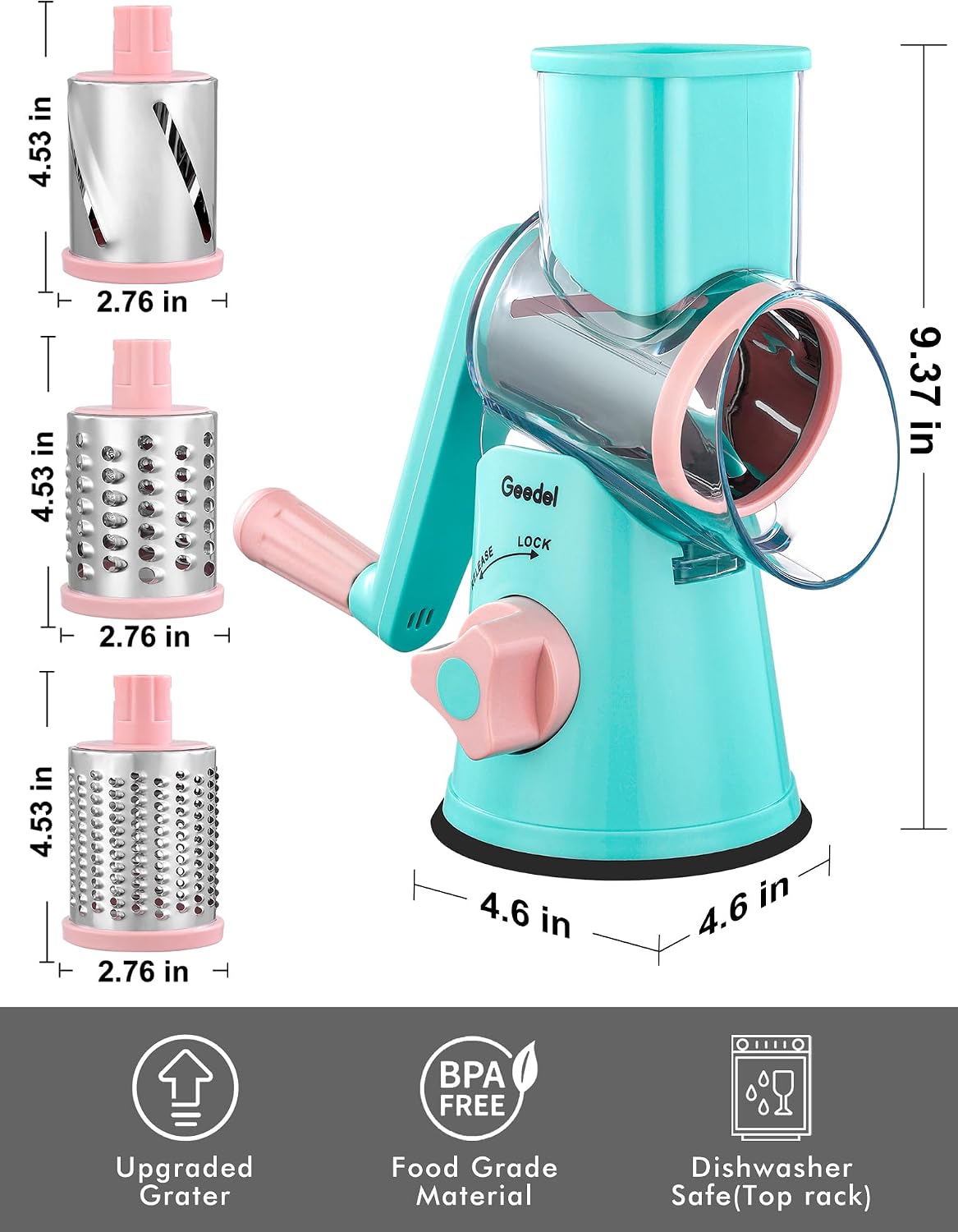 Geedel Rotary Cheese Grater, Kitchen Mandoline Vegetable Slicer with 3 Interchangeable Blades, Easy to Clean Rotary Grater Slicer for Fruit, Vegetables, Nuts | 3 Blades, 430 Stainless Steel, 12x Fast Cutting, Strong Suction Base, No BPA, Dishwasher Safe,