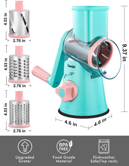 Geedel Rotary Cheese Grater, Kitchen Mandoline Vegetable Slicer with 3 Interchangeable Blades, Easy to Clean Rotary Grater Slicer for Fruit, Vegetables, Nuts | 3 Blades, 430 Stainless Steel, 12x Fast Cutting, Strong Suction Base, No BPA, Dishwasher Safe,