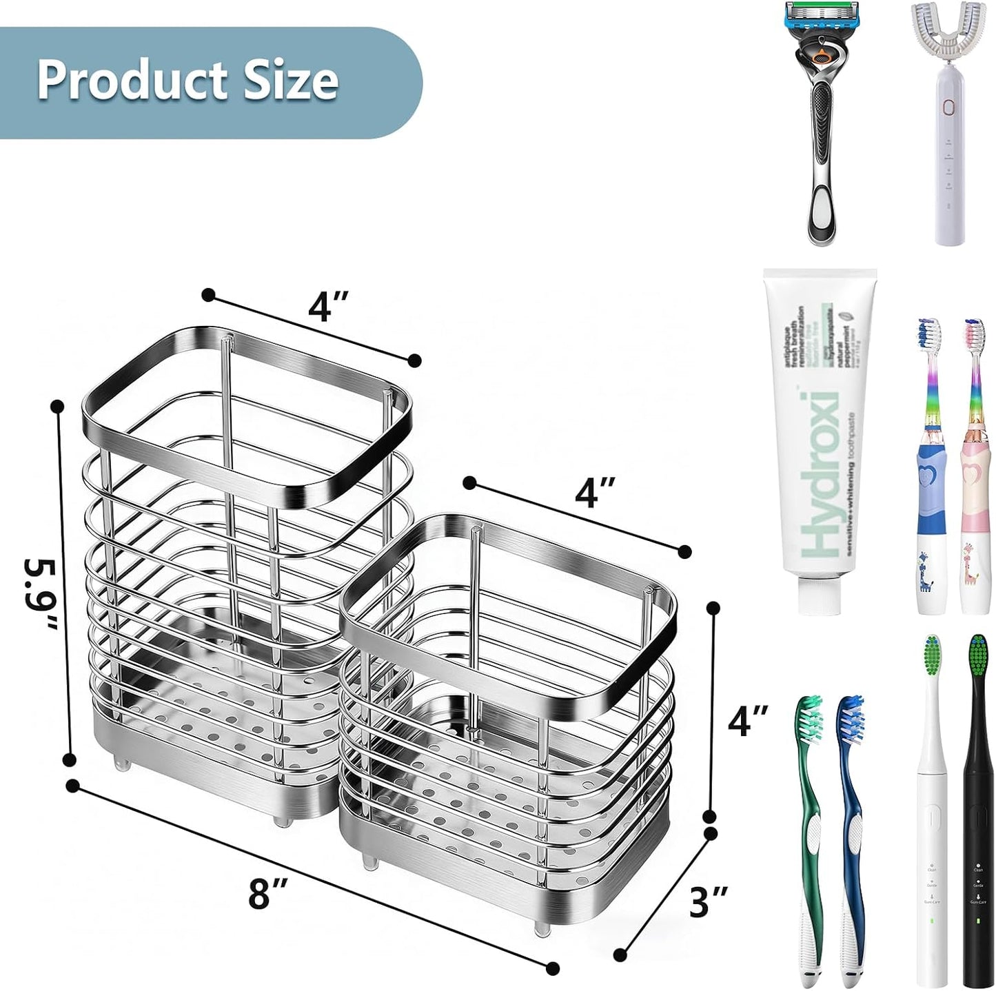 Toothbrush Holders for Bathrooms, 4 Slots Metal Tooth Brushing Organizer | Rustproof Electric Tooth Brush Toothpaste Holder with Drainage for Bathroom Countertop, White