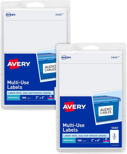 Avery® Printable All-Purpose Removable Labels, 2" x 4" White, Write or Print, Great for Organization Projects, 100 Customizable Blank Labels (5444)