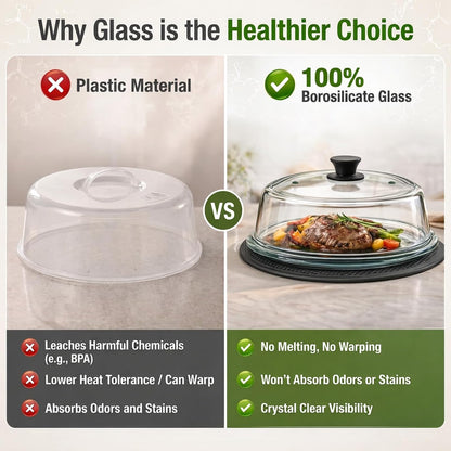 10" Glass Microwave Splatter Cover with Silicone Mat | 100% Metal-Free, Ceramic Screw, Heavy-Duty Borosilicate Glass, Anti-Scald Handle, BPA-Free, Dishwasher Safe