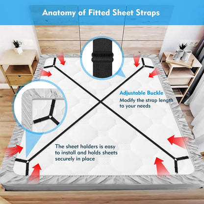 Bed Sheet Straps, 2Pcs Elastic Adjustable Bed Sheet Holder Straps, Fitted Sheet Straps to Hold Sheets in Place with Metal Clips, Sheet Holders for Mattress Cover, Sheet, Sofa Cushion (Black)