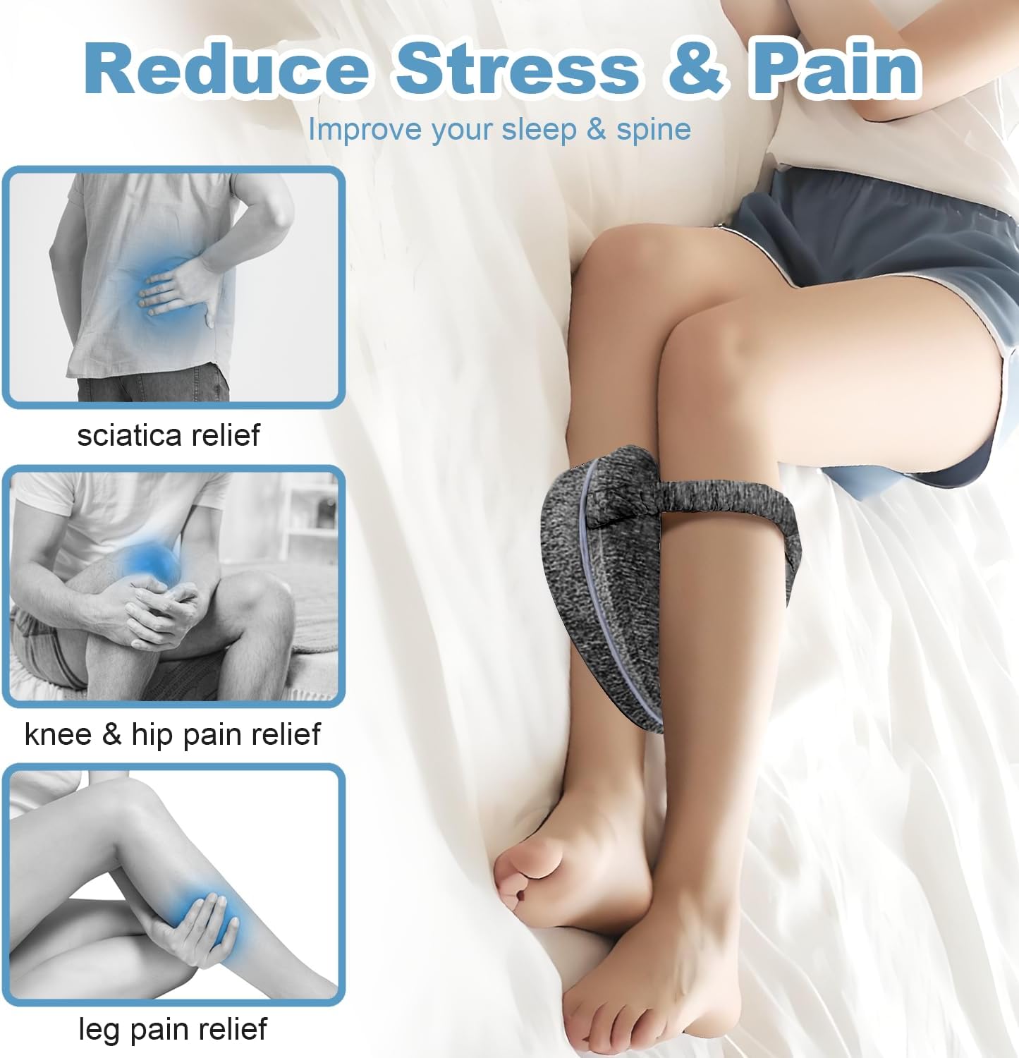 Knee Pillow for Side Sleepers, Leg Pillow for Sleeping, Knee Pillow with Strap, Alignment Pillow Between Legs, Suitable for Relieving Leg, Back & Knee Pain, Machine Washable (Blue)
