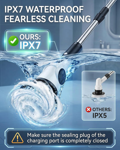 Electric Spin Scrubber, 3-Speed Shower Scrubber with Long Handle & 10 Replaceable Brush Heads, Cordless Full-Body IPX7 Waterproof Shower Cleaner Brush with 90 Mins Runtime for Bathroom