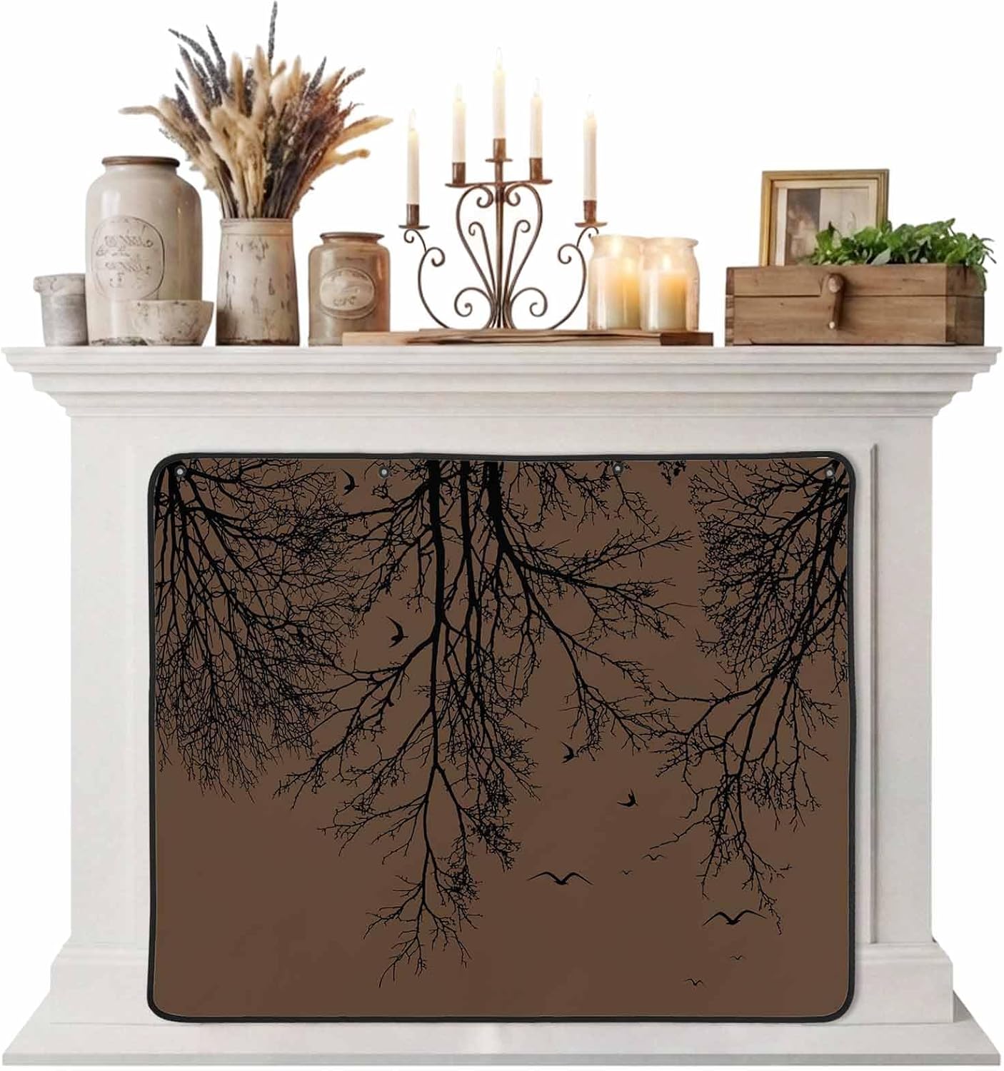 Magnetic Fireplace Cover Tree Branches Bird Fireplace Screen Decorative Brown Black Twigs Deadwood Insulation Fireplace Blocker Save Energy Fireplace Draft Stopper Covers for Living Room 45x34 Inch