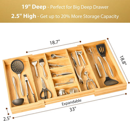 Large Expandable Kitchen Silverware Utensils Drawer Organizer, 2.5" Extra High Adjustable Drawer Divider with Curved Grooves, Bamboo Wood Cutlery Tray Flatware Holder