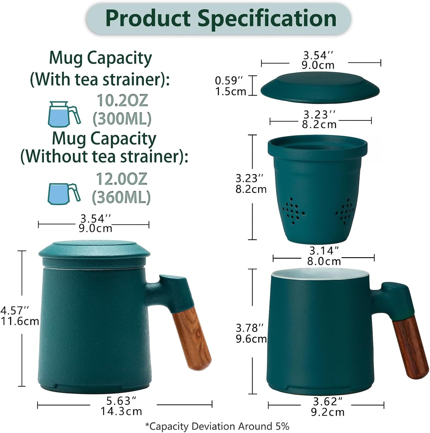 ZENS Tea Mug with Infuser and Lid for Loose Leaf Tea Steeper, 16.9oz Moss | Embossed Ceramic Tea Cup with Infuser for Herbal Tea Difussers, Tea Lovers Gifts, Nature Wood Handle