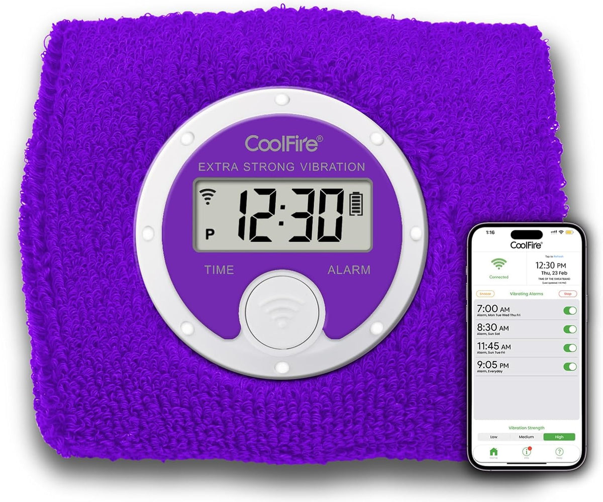 Coolfire Vibrating Alarm Clock Wristband, Silent Wake-Up Watch for Heavy Sleepers, Won’t Disturb Partner, Couples/Roommates, Deaf/Hearing Impaired, 4 Alarms, Bluetooth App, Rechargeable (Purple)