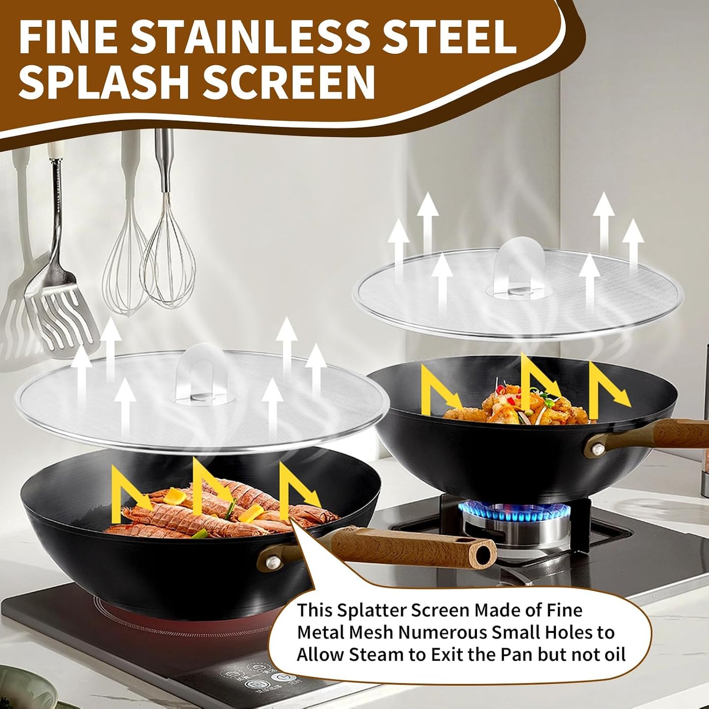 4 Pack Splatter Screens for Frying Pan - 8", 10", 11.5", 13" Stainless Steel Grease Splatter Guard with Foldable Knob, Ultra-Fine Mesh, Rust-Free - No Oil Mess, No Burns, Ultra Fine Mesh