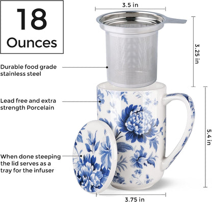 AmorArc Tea Cup With Infuser and Lid, 18oz Loose Leaf Tea Mug With Steeper | Porcelain Tea Mug With Infuser and Lid, Large Strainer Tea Cup with Lid for Tea, Coffee Mug for House-warming Birthday Gift