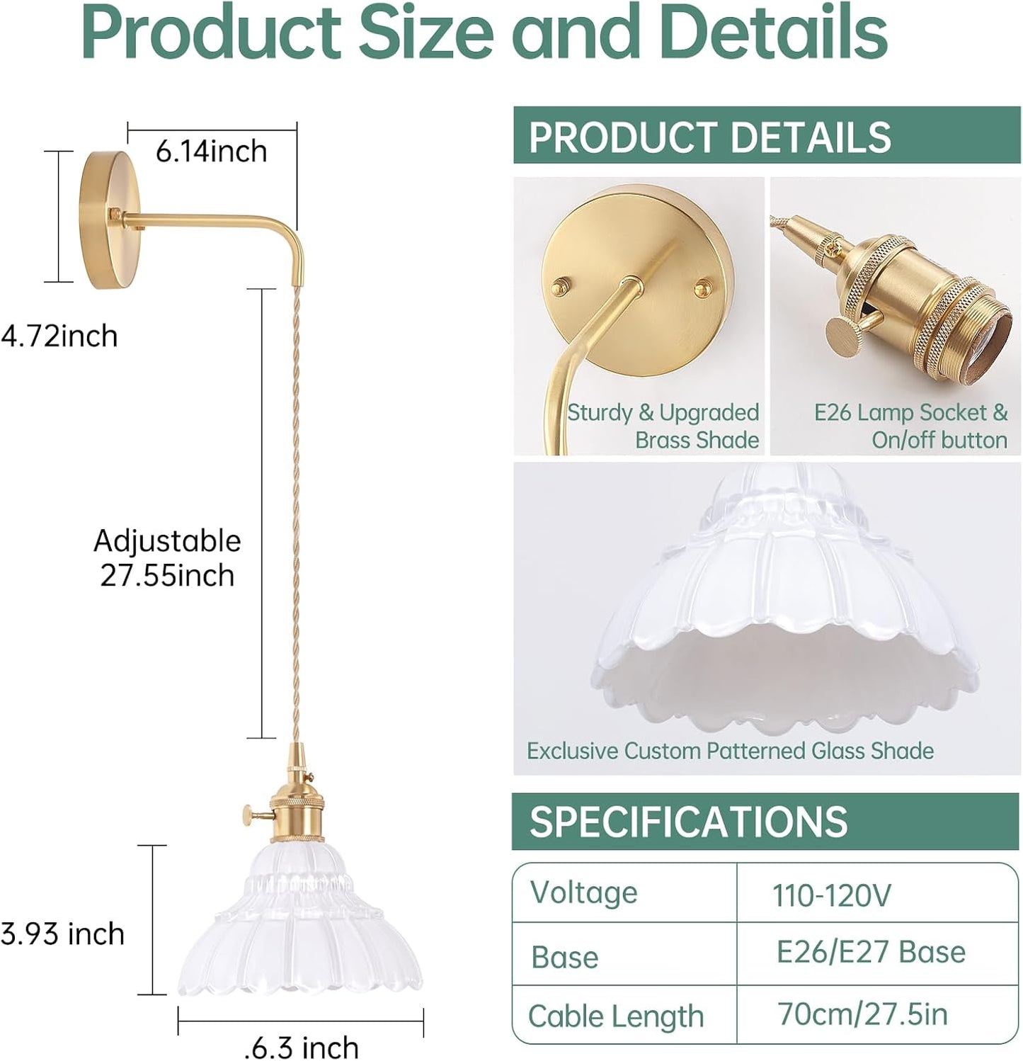 Shenmoyl Battery Operated Wall Sconce Wall Lamp with Green Lily of the Valley Shade Pattern Glass Adjustable Chain Retro Gold Wall Mounted Light, Modern Wall Lamp Fixtures Decor for Bedside Bedroom