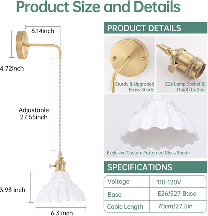 Shenmoyl Battery Operated Wall Sconce Wall Lamp with Green Lily of the Valley Shade Pattern Glass Adjustable Chain Retro Gold Wall Mounted Light, Modern Wall Lamp Fixtures Decor for Bedside Bedroom