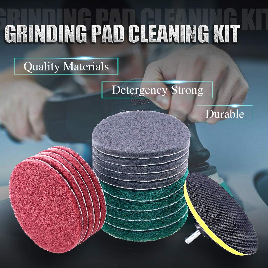 Swpeet 16Pcs 5Inch 3 Scrubbing Pads Drill Powered Brush Tile Scrubber Scouring Pads Cleaning Kit, Abrasive Buffing Pads Replacement with 1 Pcs Hook Attachment for House Cleaning