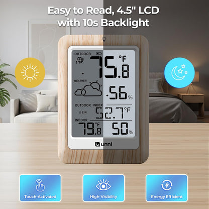 Indoor Outdoor Thermometer Hygrometer Wireless Weather Station, Temperature Humidity Monitor Battery Powered Inside Outside Thermometers with 330ft Range Remote Sensor and Backlight Display