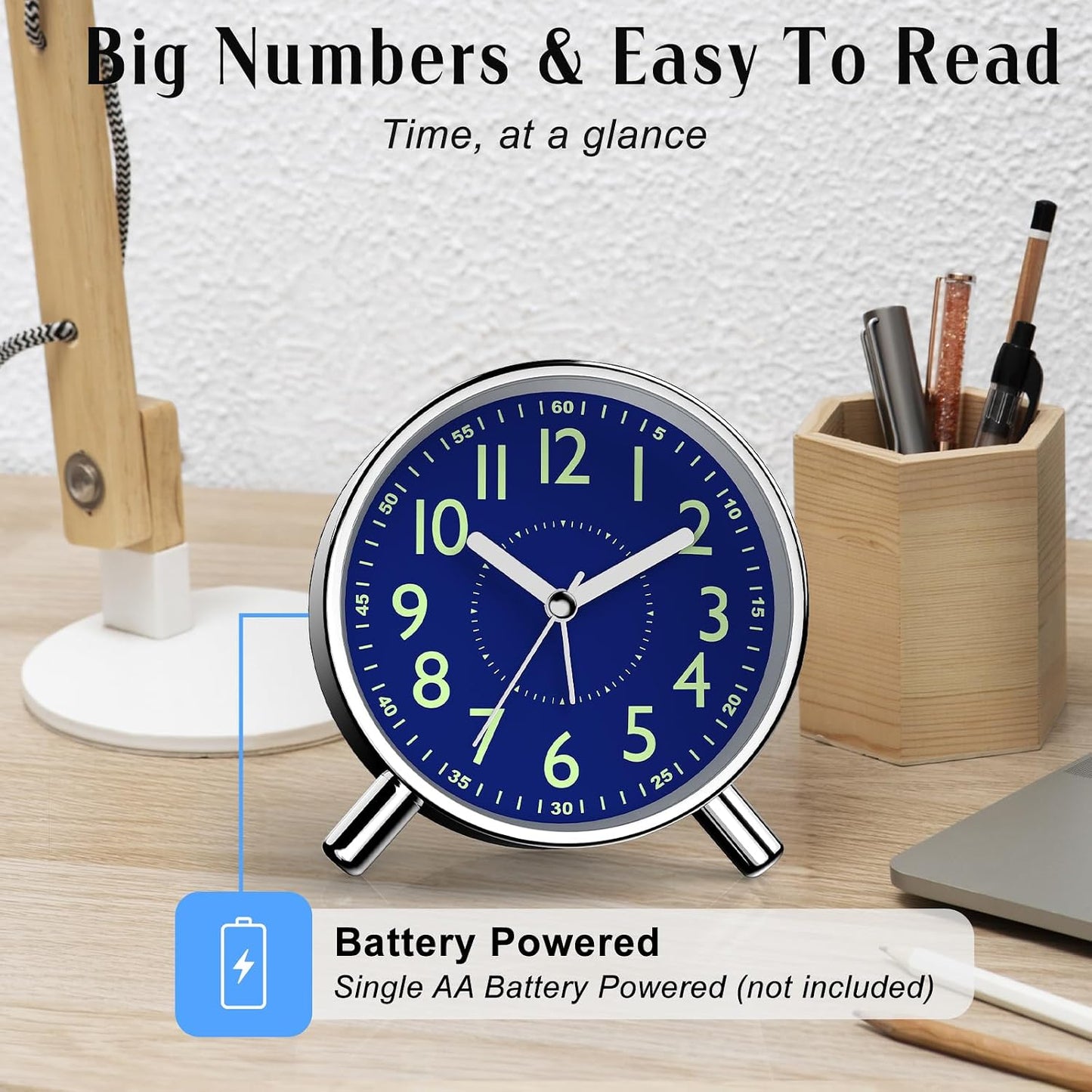 Analog Alarm Clock Night Ligh Battery Operated for Bedroom | Snooze 5mins Clear 94mm Case Silent Sweep under 20dB Decor for Desk Nightstand Office Ideal Gift for Senior Students Travel