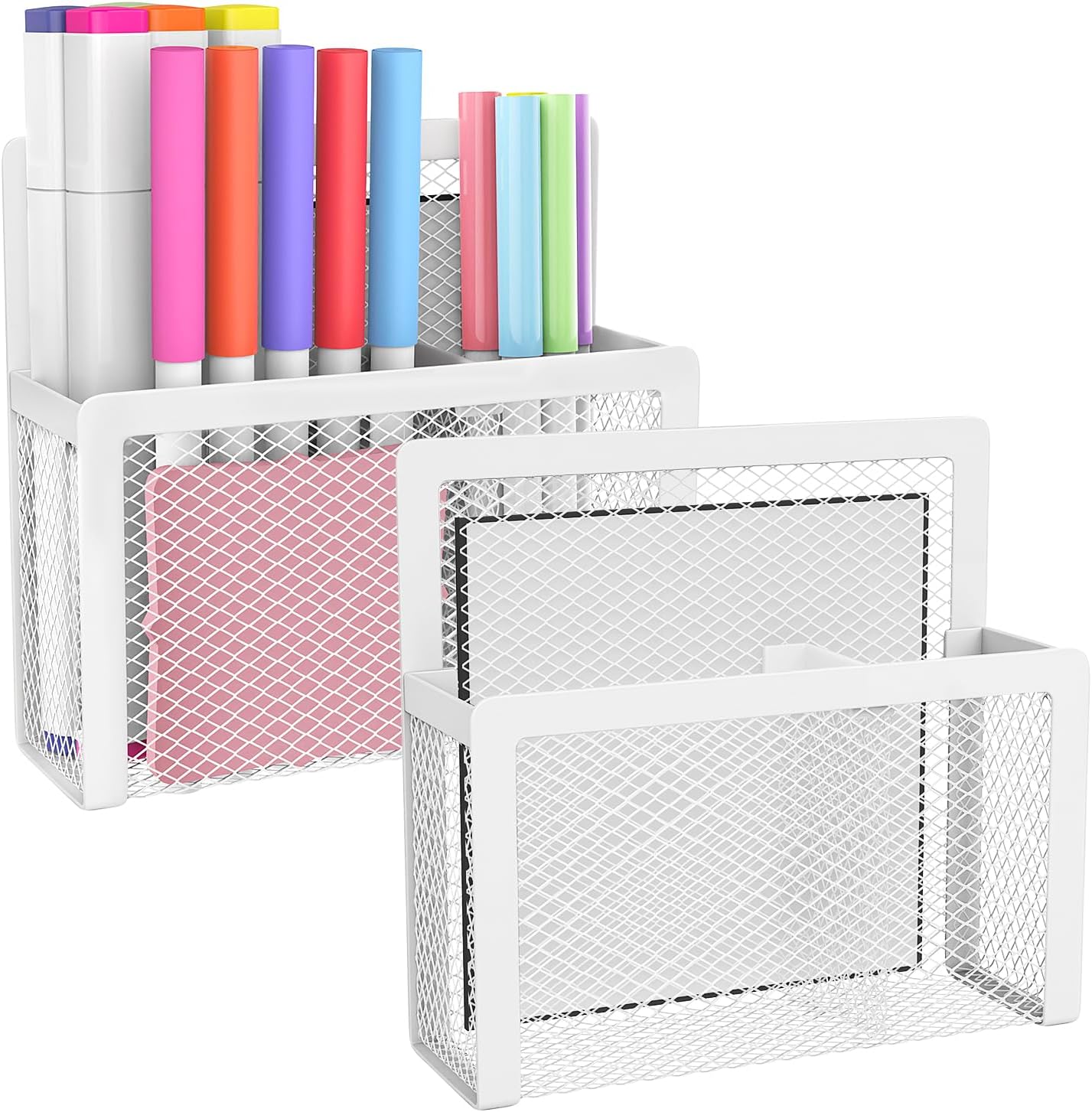 MoKo Magnetic Pen Holder, 2-Pack Mesh Organizer, Black | Magnetic marker holder has two compartments and an iron mesh body for refrigerators, whiteboards and cabinets.