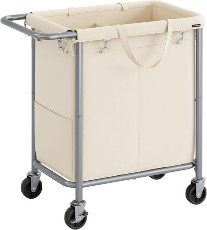 SONGMICS Laundry Basket with Wheels, 4-Section Rolling Laundry Hamper, 68.6 Gallons (260 L), Removable Liner, Steel Frame with Handle, 43.3 x 15.4 x 31.9 Inches, Cream White URLS014W01
