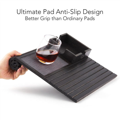 Detor Couch Cup Holder Tray with Super Anti-Slip Pad, Large 4.5" x 4.5" Organizer, Brown-Stained Bamboo Finish, Enhanced Non-Slip Felt Base, Durable Bamboo Slats, Fits Armrests 5.5" and Wider