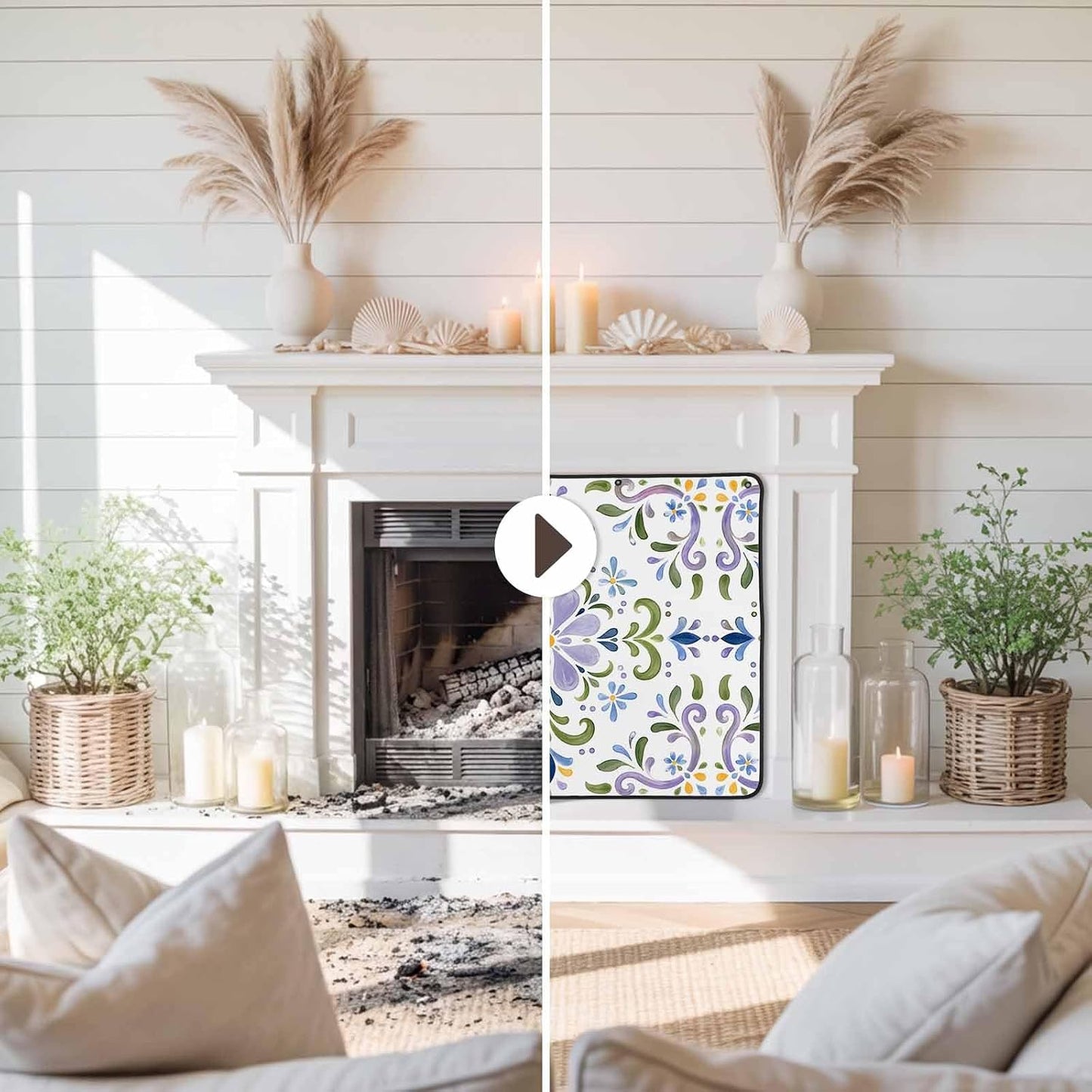 Magnetic Fireplace Cover Bird Branches Fireplace Screen Decorative Green Leaves Frame Insulation Fireplace Blocker Blanket Save Energy Fireplace Draft Stopper Covers for Living Room 45x34 Inch