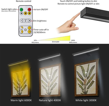MIOBLUE Rechargeable Picture Lights with Remote,Full Metal Painting Light Display LED Battery Lamp with 3 Lighting Modes, Dimmable Dartboard Light with Timer for Frame Portrait Art