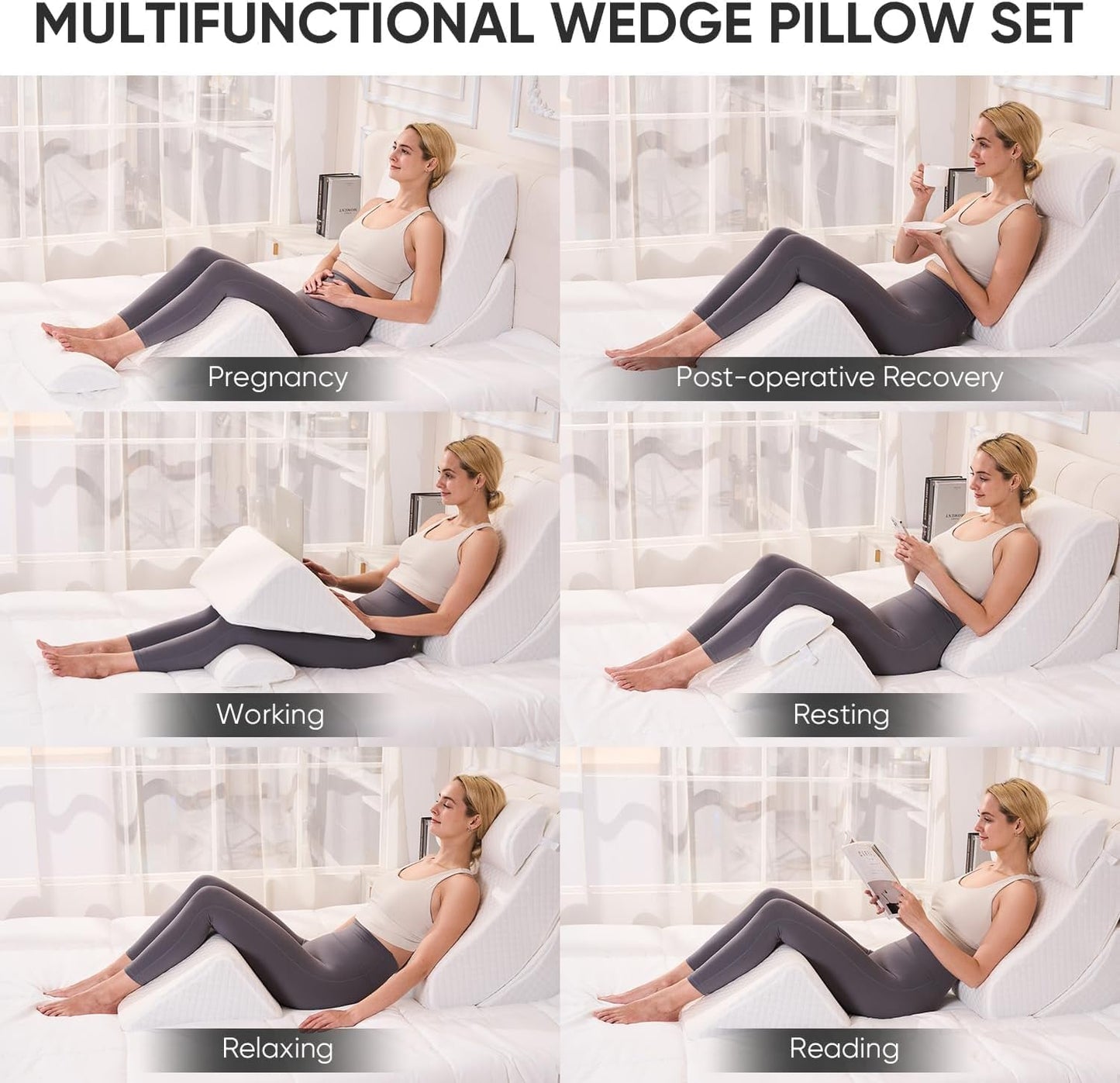 OAISZ 4PCS Wedge Pillow Set for After Surgery, Adjustable Bed Wedges, Gery | Back and Leg Support, Acid Reflux Relief, Post Surgery Recovery, Leg Elevation, Memory Foam, Bed Wedge Pillow for Sleeping