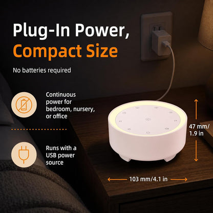 Kipcush White Noise Machine for Sleeping, Baby & Adults, High-Fidelity Non-Looping Sounds, Sleep Sound Machine with Dimmable Night Light, USB Powered, Memory Function, Home, Nursery & Travel