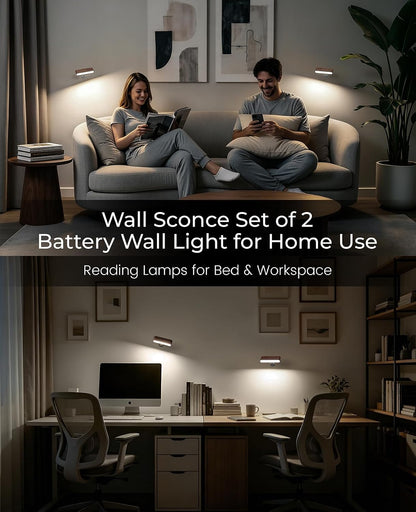 Rechargeable Wall Sconce, Reading Light for Bed, Magnetic Wood Lamp | Set of 2, Black Walnut, Touch Control, Adjustable Brightness, 4000K Nautral Light for Reading, Headboard Light, 360° Rotation