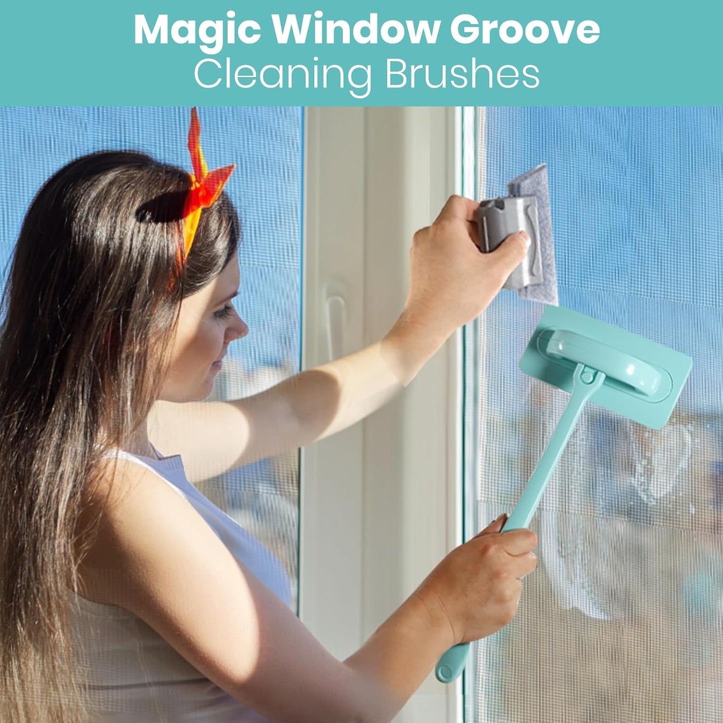 Window Screen Cleaner & Track Cleaning Kit – Mesh Screen Cleaning Brush + 3 Groove Brushes & 6 Replacement Cleaning Cloths – 14.8″ Detachable Long-Reach Handle, Wet & Dry Dual-Use