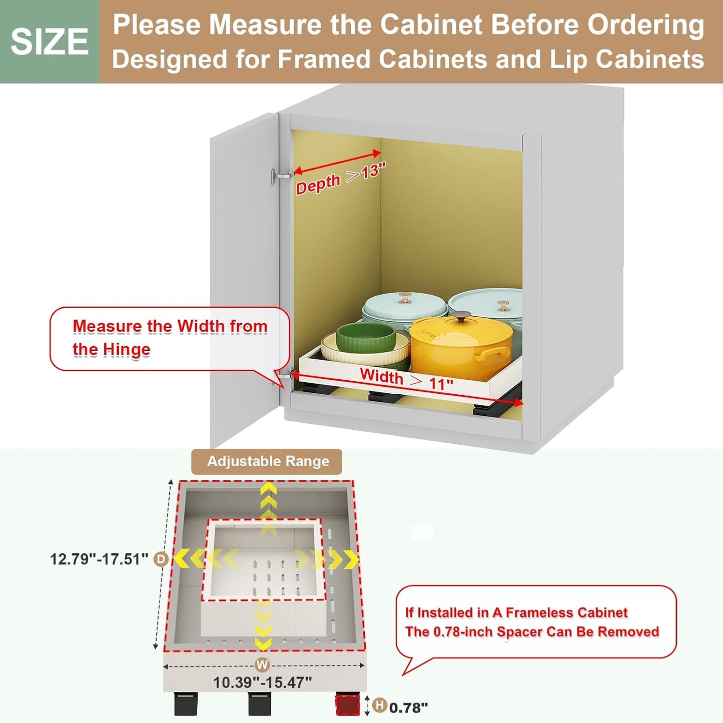 Fokyfok Pull out Cabinet Organizer,11"-16"W,17"-24"D,Expandable,Adhesive | No Drill,3 Rails,Roll out Drawers,Adjustable Slide out Shelves for Kitchen,Pantry,Framed and Framless Cabinets,White,1PC