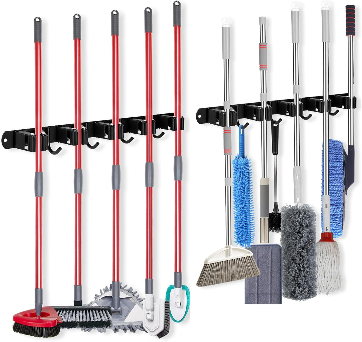 voze 5 Racks and 4 Hooks Mop and Broom Holder Wall Mount, Self Adhesive Heavy Duty Broom Hanger Organizer Storage Tool Racks for Kitchen Garden Laundry Garage