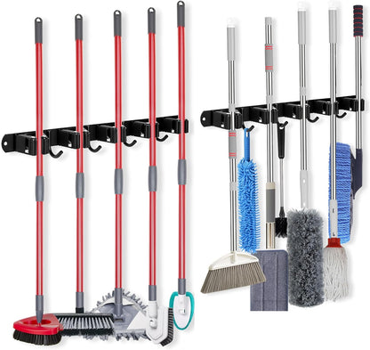 voze 5 Racks and 4 Hooks Mop and Broom Holder Wall Mount, Self Adhesive Heavy Duty Broom Hanger Organizer Storage Tool Racks for Kitchen Garden Laundry Garage