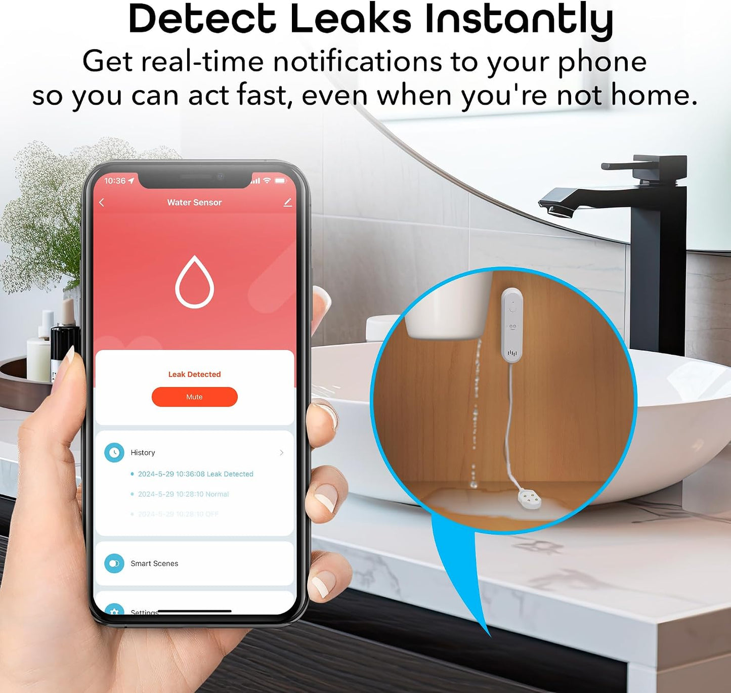 Geeni Smart Water Alarm Leak Detector, Siren Alert, 80dB, Battery Wi-Fi | App alerts for kitchen, bathroom, basement flood, Wi-Fi moisture sensor, Alexa & Google Home