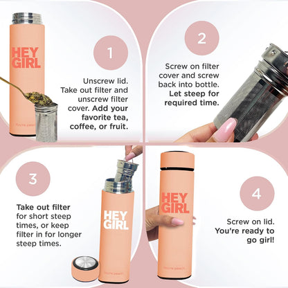 Hey Girl Tea Infuser Bottle 450ml - Insulated Stainless Steel Water Bottle - Tea Tumbler with Tea Diffuser - Portable Travel Mug for Loose Leaf Tea & Infused Water - Tea Lovers Gifts for Women (Pink)