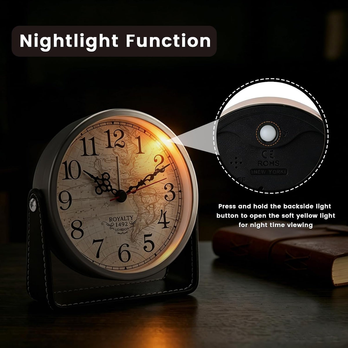 Analog Alarm Clock - 4.5" Silent Non Ticking Small Clock with Light, Rotatable Stand Metal Desk Clock Battery Operated, Simple Design for Living Room Decor/ Bedroom/Bedside/Shelf (Black & White)