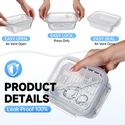 Glass Fruit Storage Containers with Colander, Detachable Colander, 2 Pack | Leak-Proof And Four-Tab Locking Lid | Glass | For Daily Use/Travel/Cooking | Fruit/Vegetable/Lunch