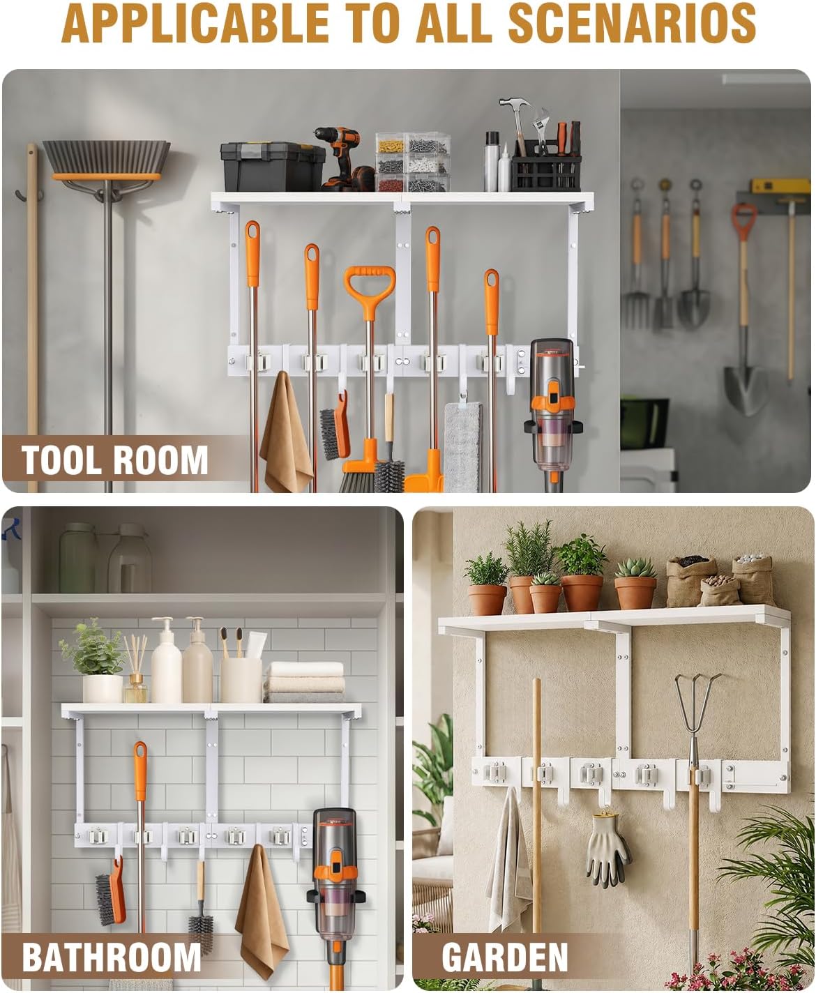 Large Broom Holder Wall Mount with Shelf, Vacuum Organizer, 5 Slots 5 Hooks | Black, 3-In-1 Wall Mount Stores Brooms/Mops/Vacuum, Cleaning Supplies With 5 Grippers/5 Hooks And A Sturdy Wooden Top Shelf