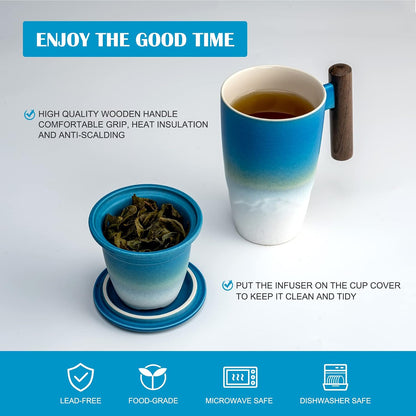 suyika Ceramic Tea Cup with Infuser and Lid Tea Mugs Wooden Handle 400ml/13.5oz Dark Green