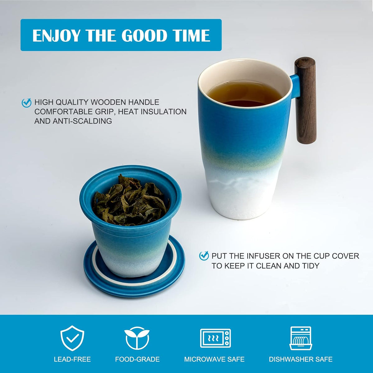 suyika Ceramic Tea Cup with Infuser and Lid Tea Mugs Wooden Handle 400ml/13.5oz Dark Green