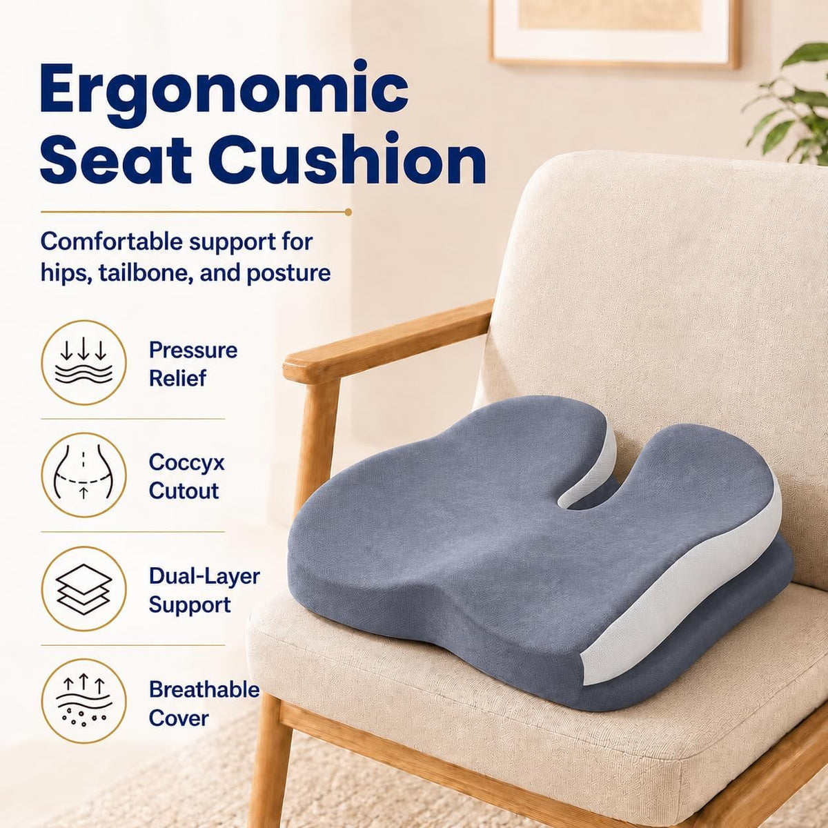 Memory Foam Ergonomic Seat Cushion for Office Chairs Pain Relief