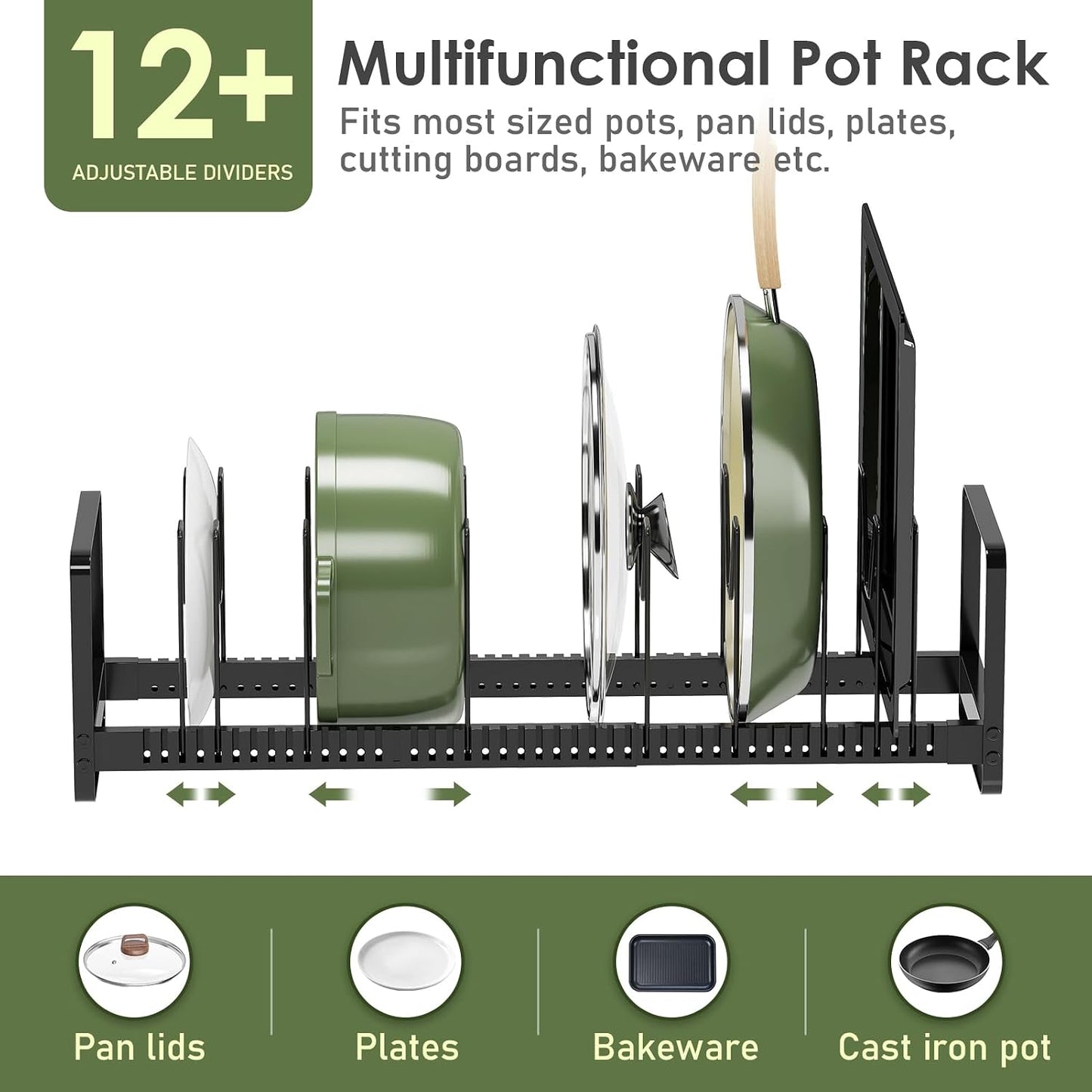 MUDEELA Expandable Pot Pan Lid Organizers inside Cabinet, 10 Divider-Black | Expandable 11.8–22.9", 10 Adjustable Divider, Tool-Free Assembly, Non-Slip, Scratch-Proof, For Pan Lid Cutting Board Bakeware