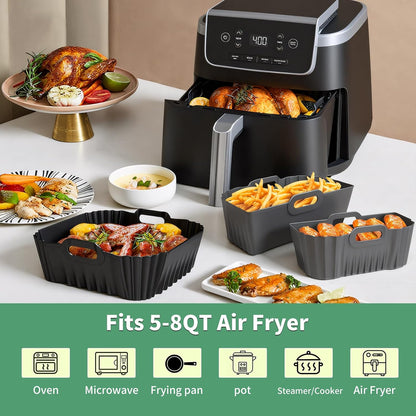 Air Fryer Silicone Liners Square for Chefman 8QT Air Fryer 3 Pack Reusable | Silicone Pot Baking Accessories for Instant, Nuwave, Gourmia and other 8QT to 10QT Large AirFryer, 2 In 1 Liners