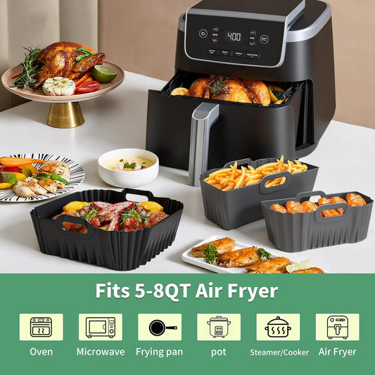 Air Fryer Silicone Liners Square for Chefman 8QT Air Fryer 3 Pack Reusable | Silicone Pot Baking Accessories for Instant, Nuwave, Gourmia and other 8QT to 10QT Large AirFryer, 2 In 1 Liners