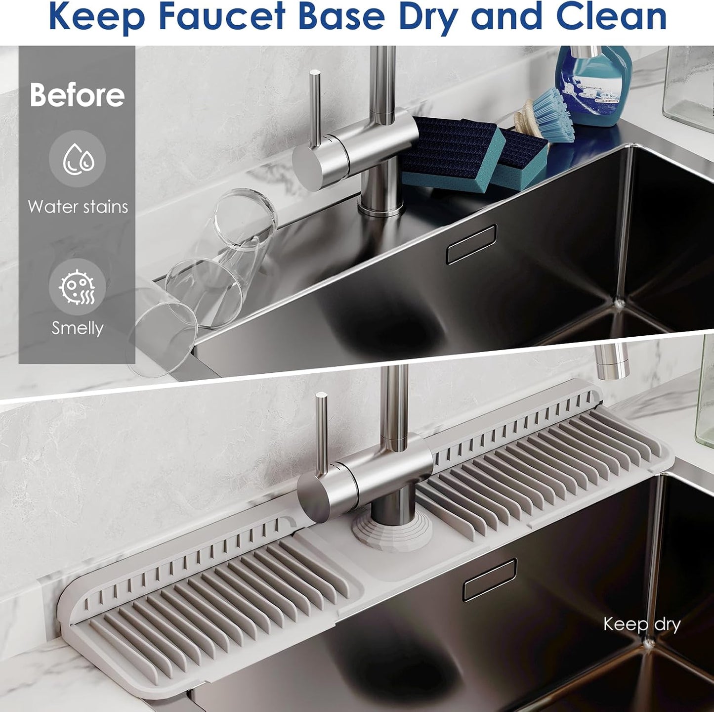 24-Inch Silicone Faucet Mat for Kitchen Sink Splash Guard, 7° Slope | 24"x5.5" water draining mat with fasten button; 1.6-2.75" customizable hole for bathroom, RV & kitchen sink drip catcher.