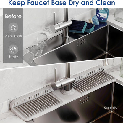 24-Inch Silicone Faucet Mat for Kitchen Sink Splash Guard, 7° Slope | 24"x5.5" water draining mat with fasten button; 1.6-2.75" customizable hole for bathroom, RV & kitchen sink drip catcher.