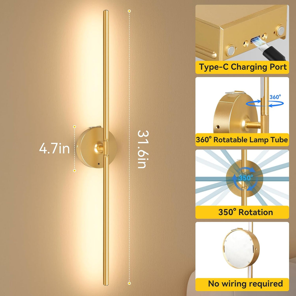 Battery Operated Wall Sconces Set of 2, Remote Control, 10000mAh, Black